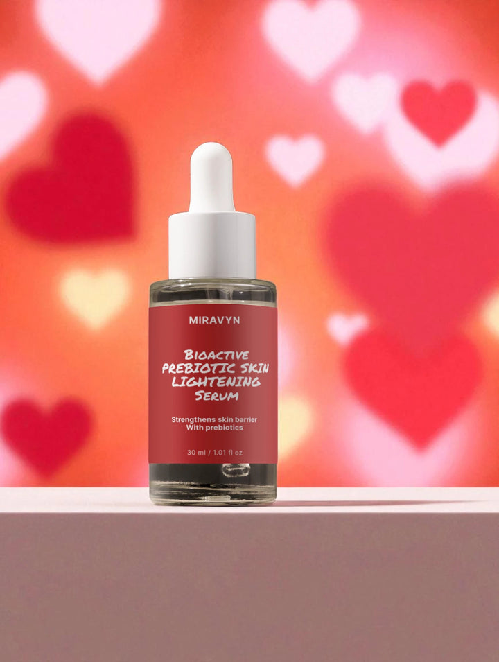 Miravyn skin lightening serum bottle with a heart-themed background.