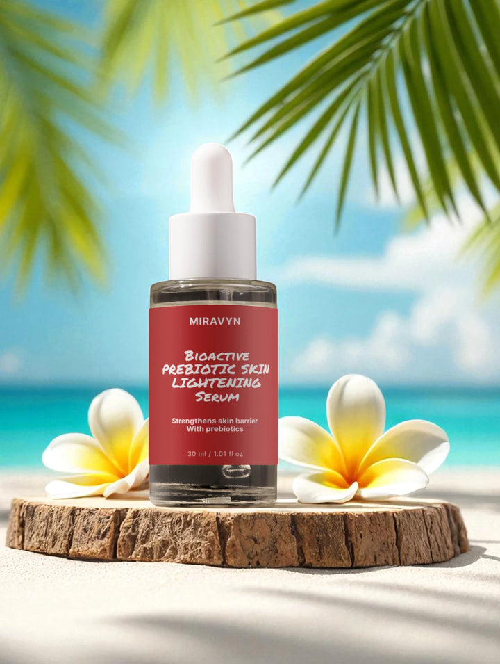 Miravyn skin lightening serum bottle on a wooden platform with flowers and a beach background.