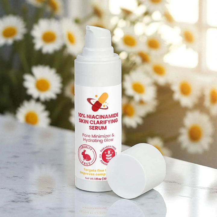Skin lightening serum opened bottle with chamomile in the background.