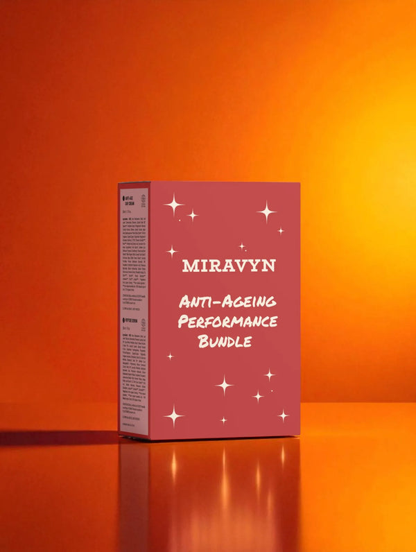 Miravyn skincare routine set  box on an orange background.