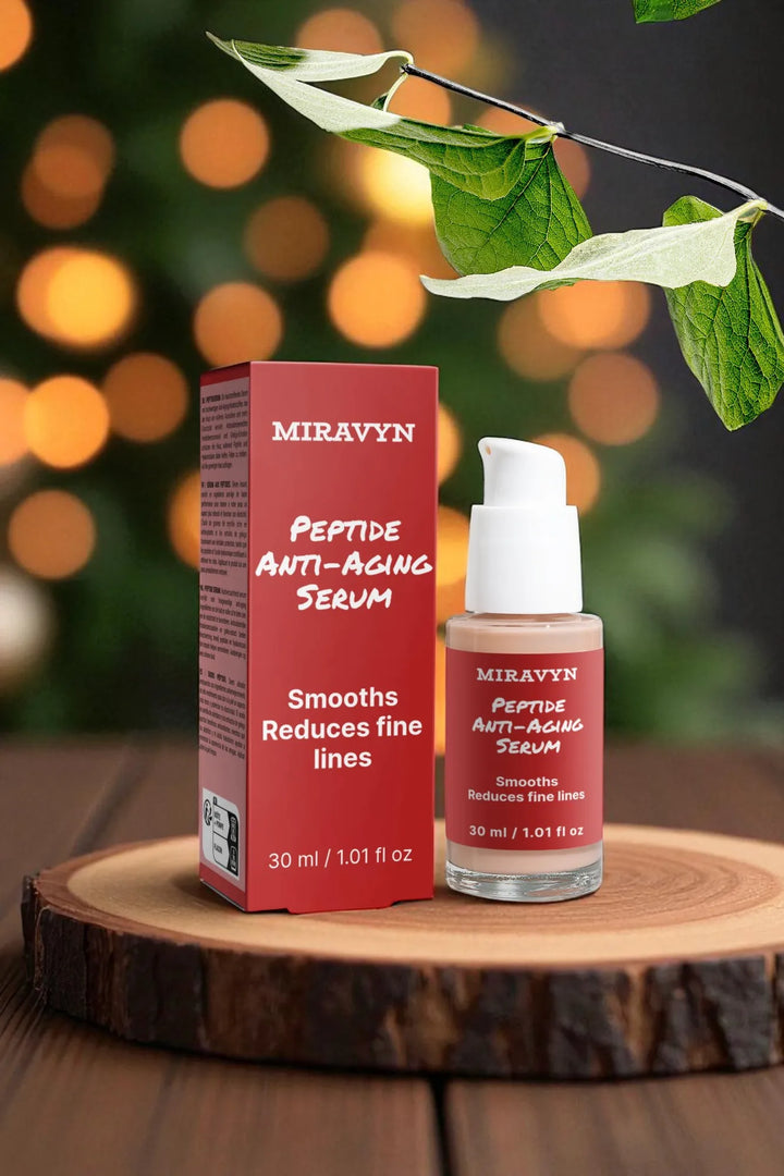 Miravyn Peptide Anti-Aging Serum bottle from the skincare routine bundle on a wooden surface.
