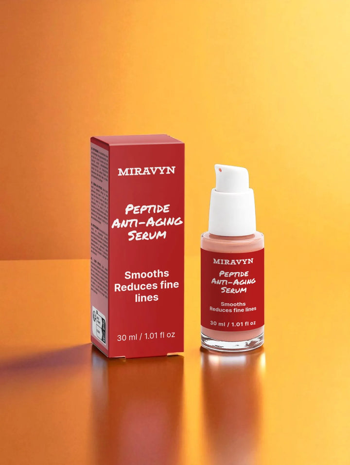 Miravyn Peptide Serum from the skincare routine set on an orange background.
