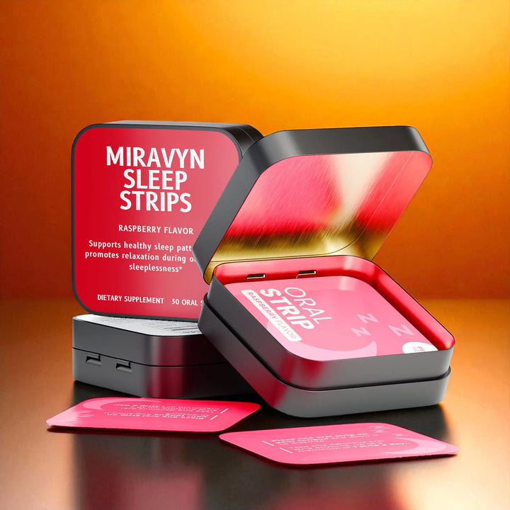 Miravyn Sleep Strips packaging with pink strips on an orange background.