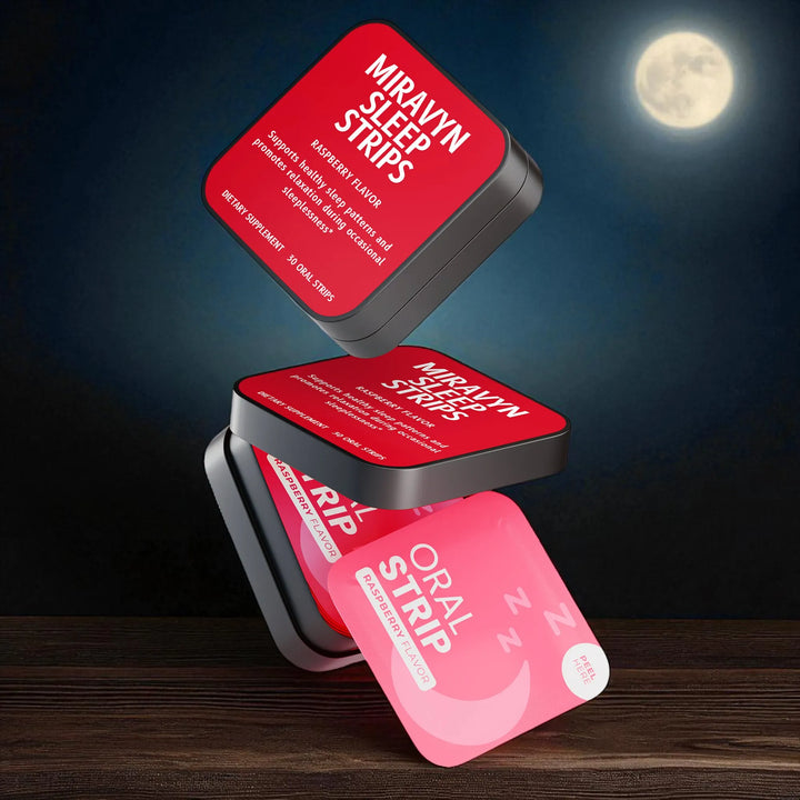 Miravyn Sleep Strips packaging dropped on a wooden table with a moonlit background.