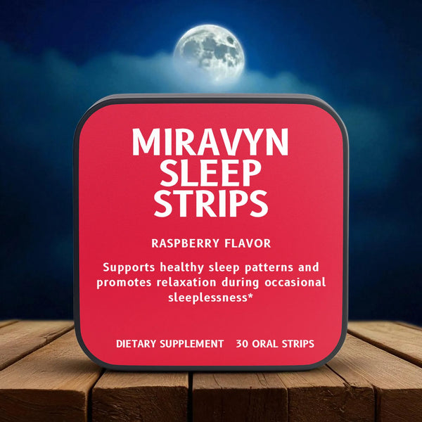Miravyn Sleep Strips packaging with a night sky and moon in the background.