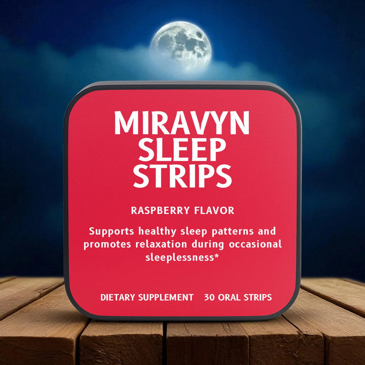 Miravyn Sleep Strips packaging with a night sky and moon in the background.