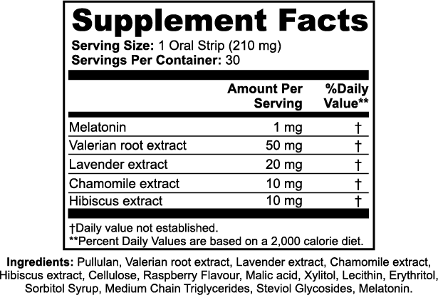 Supplement label with ingredients for sleep strips and serving size information.