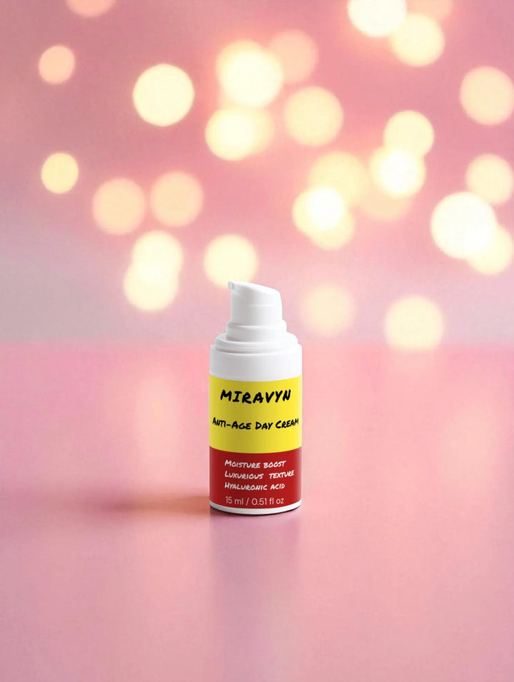 Miravyn anti-aging day cream bottle on a pink background with bokeh lights.