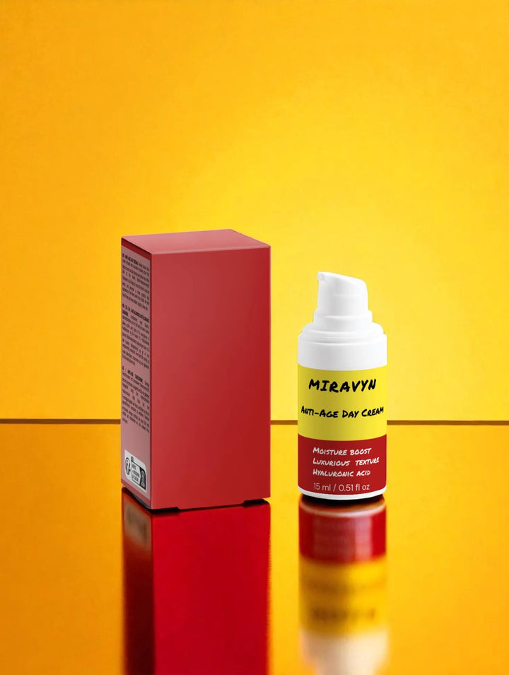 Miravyn day cream and packaging on a reflective surface with a yellow background.