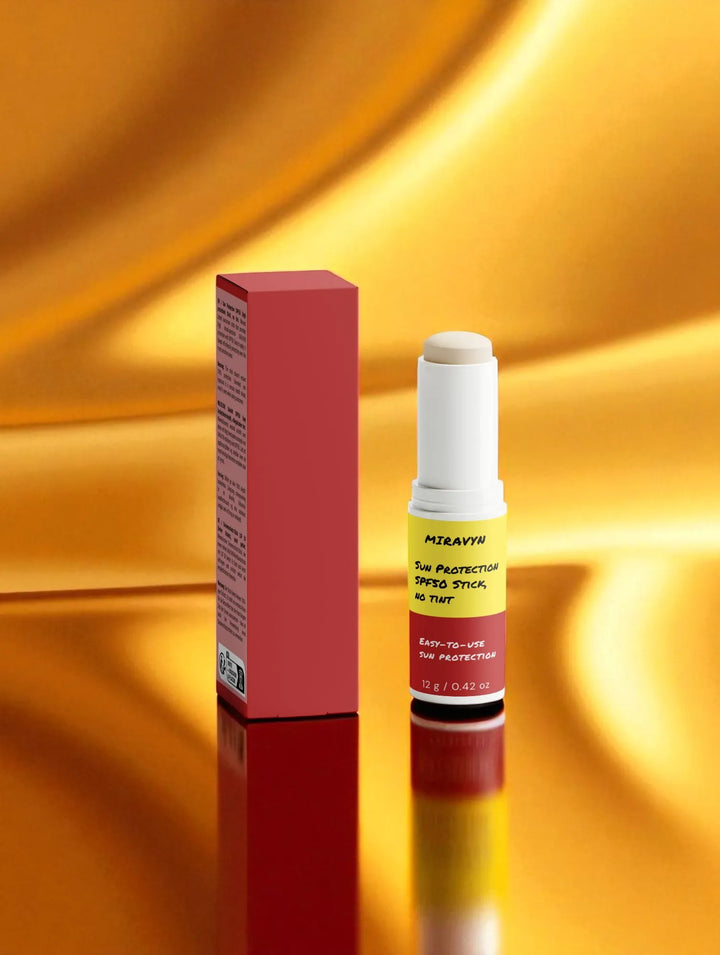 Miravyn Sun protection stick with red box on a yellow background.