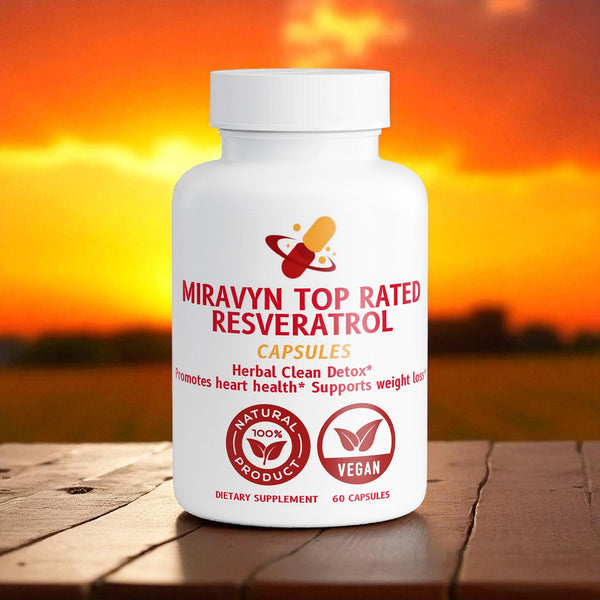 Bottle of Miravyn Top Rated Resveratrol capsules with a sunset background.