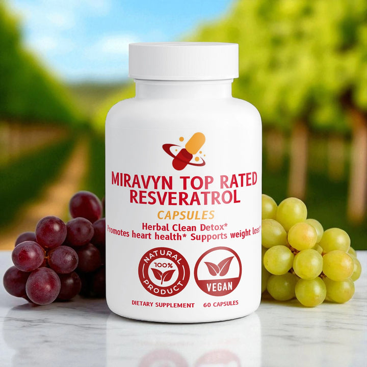Supplement bottle labeled 'Miravyn Top Rated Resveratrol' with grapes in the background.