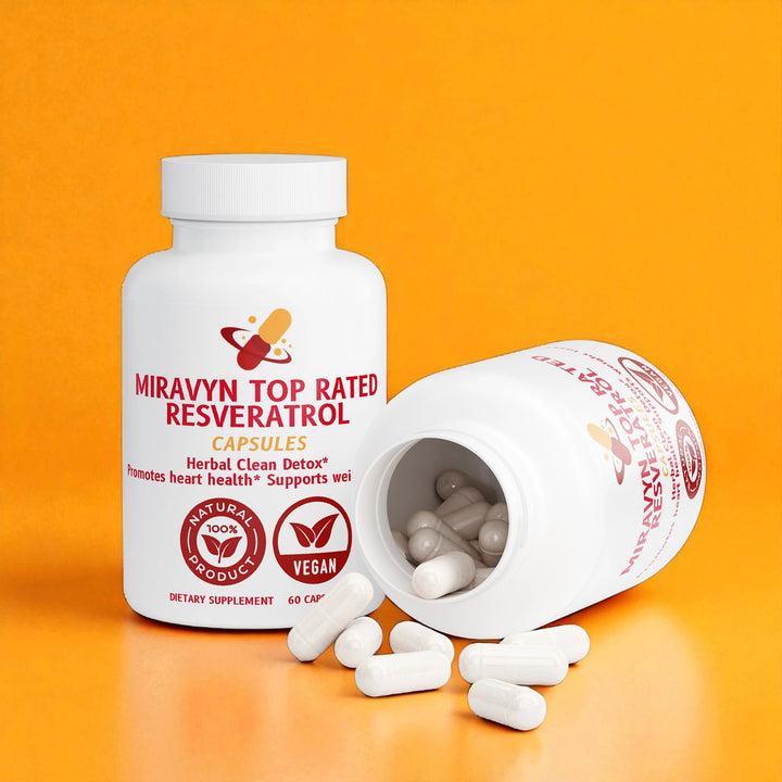 Miravyn Top Rated Resveratrol capsules bottle with open cap on an orange background.