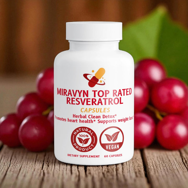 Supplement bottle labeled 'Miravyn Top Rated Resveratrol' with grapes in the background.