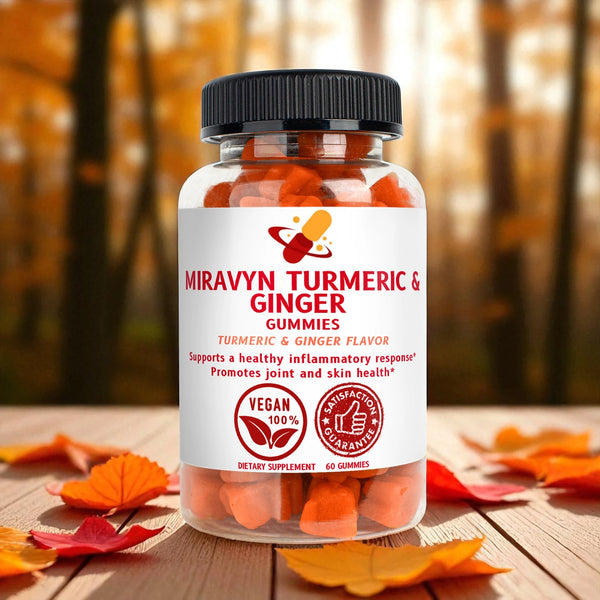 Bottle of Miravyn Turmeric & Ginger Gummies with a forest background.