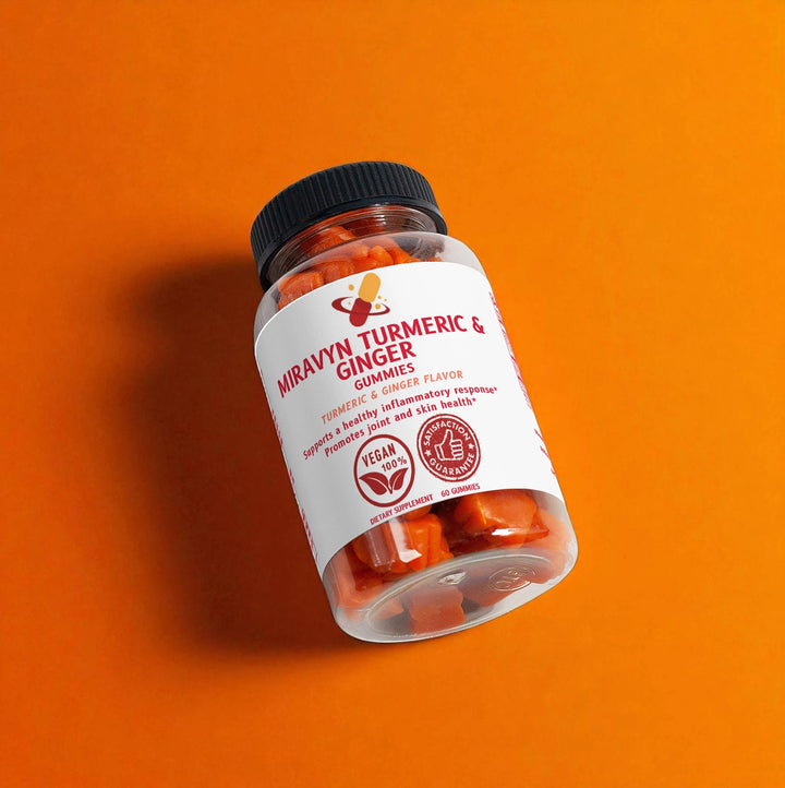 Jar of Miravy Turmeric & Ginger Gummies on an orange background.