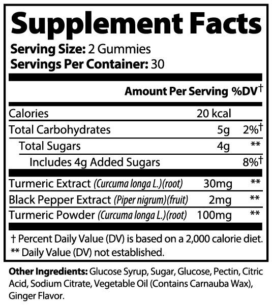 Supplement facts label for turmeric and ginger gummies with nutritional information.