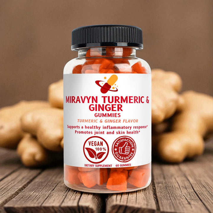 Bottle of Miravyn Turmeric & Ginger Gummies with ginger in the background.