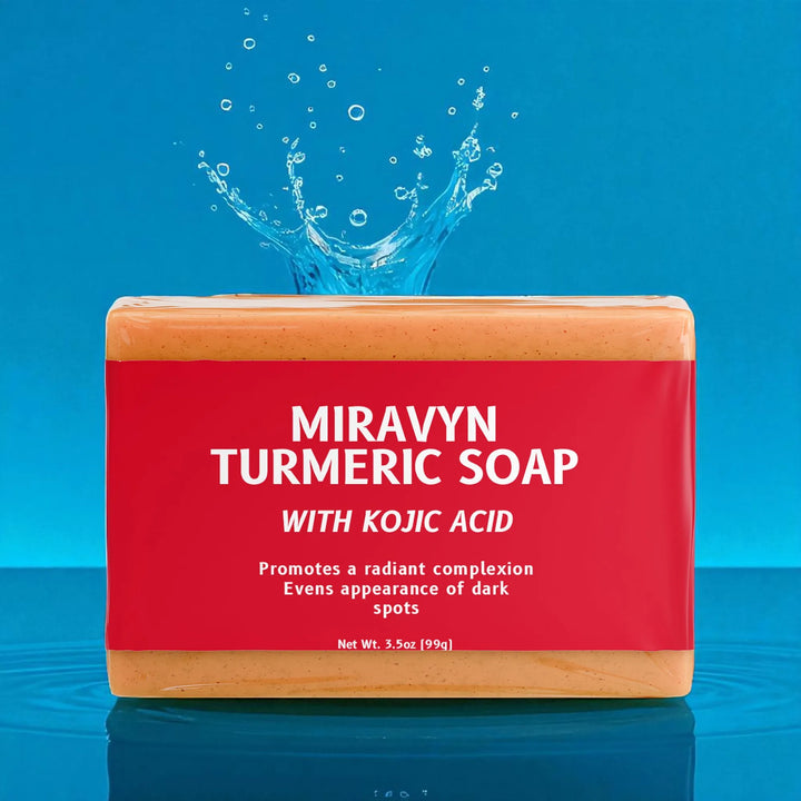 Miravyn Turmeric Soap with Kojic Acid on a blue background.