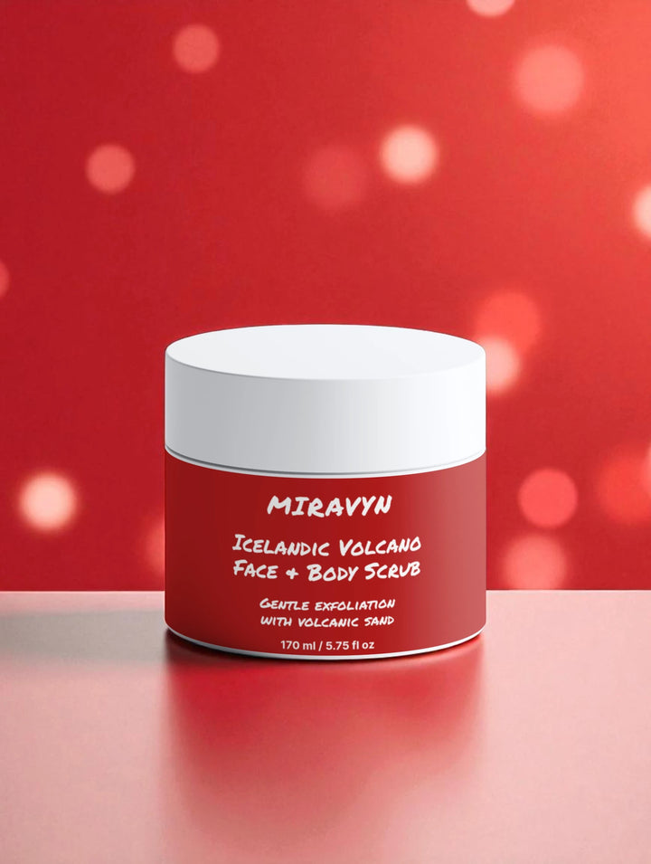 Red jar of Miravyn Icelandic Volcano Face Exfoliator & Body Scrub on a red background.