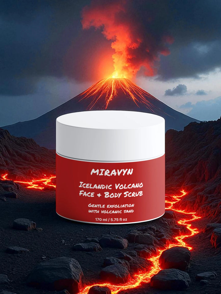 Jar of Miravyn Volcano Ash Body Scrub Exfoliator in front of a volcano.