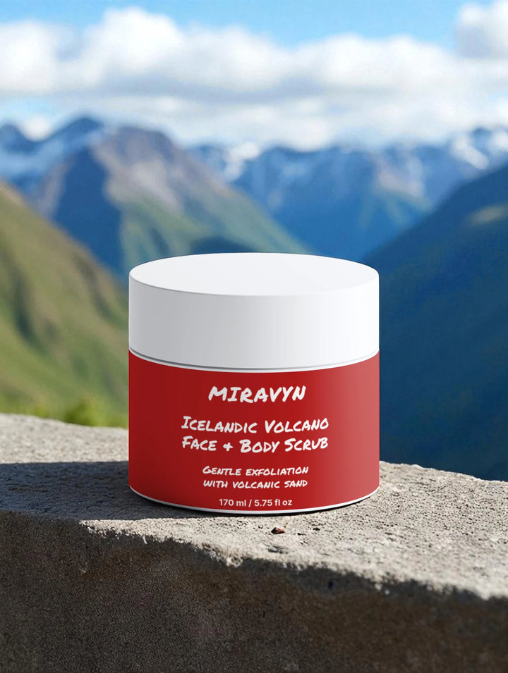 Jar of Volcano Face exfoliator & Body Scrub with mountainous landscape in the background.