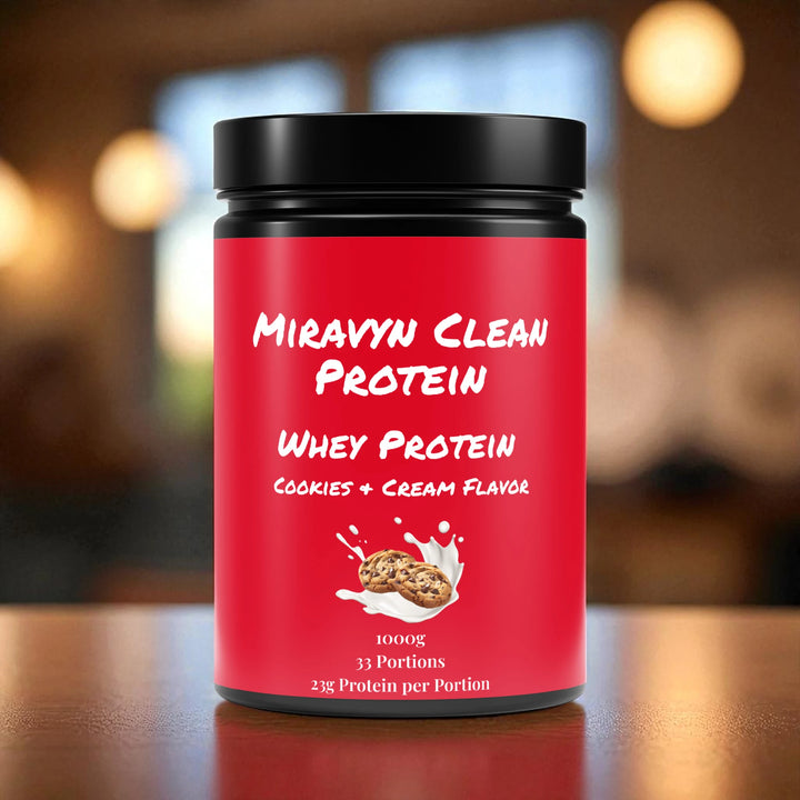 Miravyn Whey Protein Powder Cookies & Cream with a blurred background.